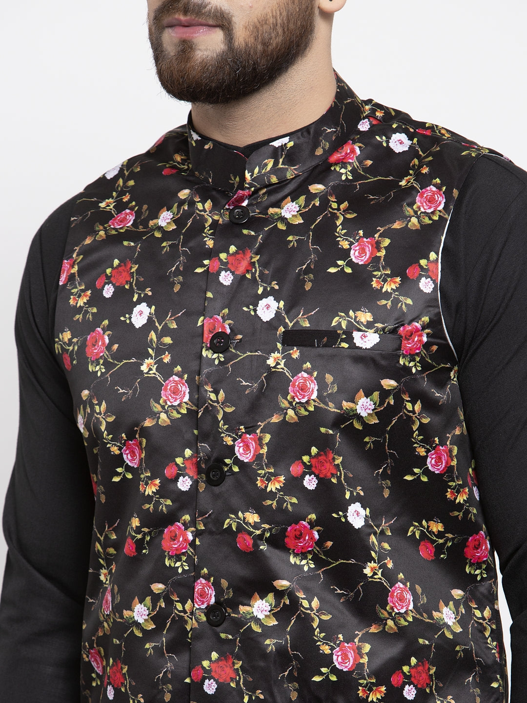 Jompers Men's Black Printed Nehru Jacket | Grocsy