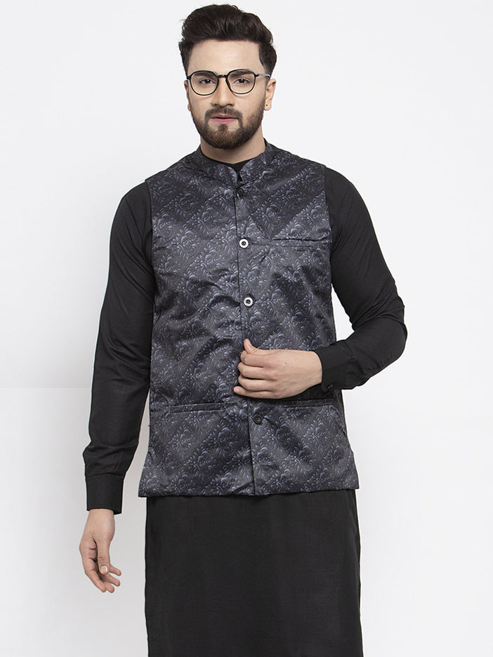 Jompers Men's Beautiful Grey Printed Nehru Jacket | Grocsy