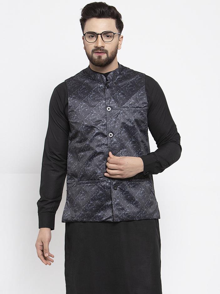 Jompers Men Charcoal Grey Printed Satin Nehru Jacket | Grocsy