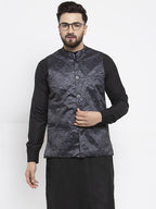 Jompers Men Charcoal Grey Printed Satin Nehru Jacket | Grocsy