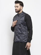 Jompers Men Charcoal Grey Printed Satin Nehru Jacket | Grocsy