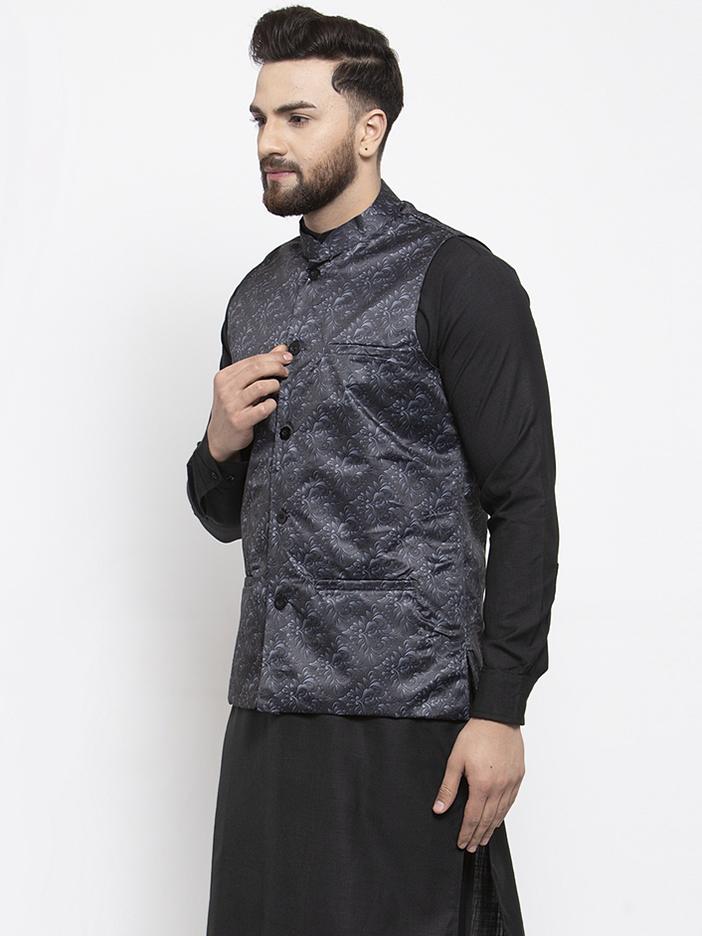 Jompers Men Charcoal Grey Printed Satin Nehru Jacket | Grocsy