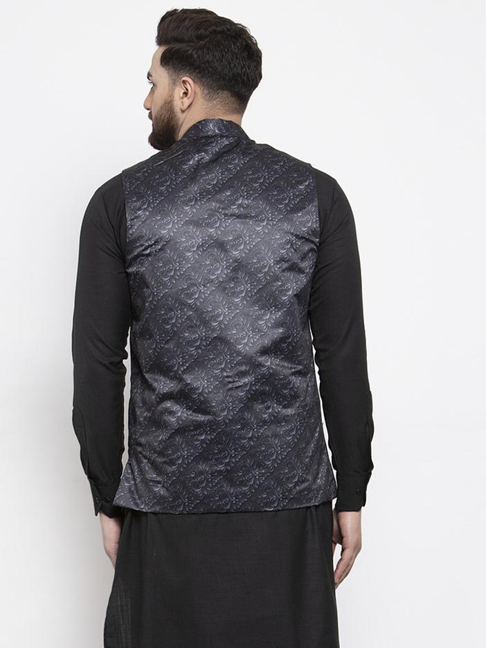 Jompers Men Charcoal Grey Printed Satin Nehru Jacket | Grocsy
