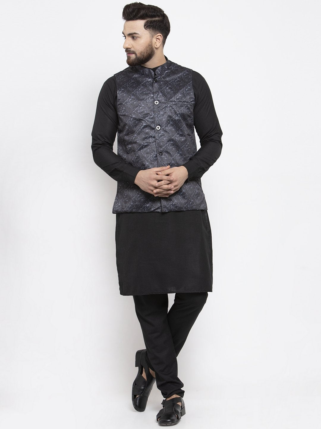 Jompers Men Charcoal Grey Printed Satin Nehru Jacket | Grocsy