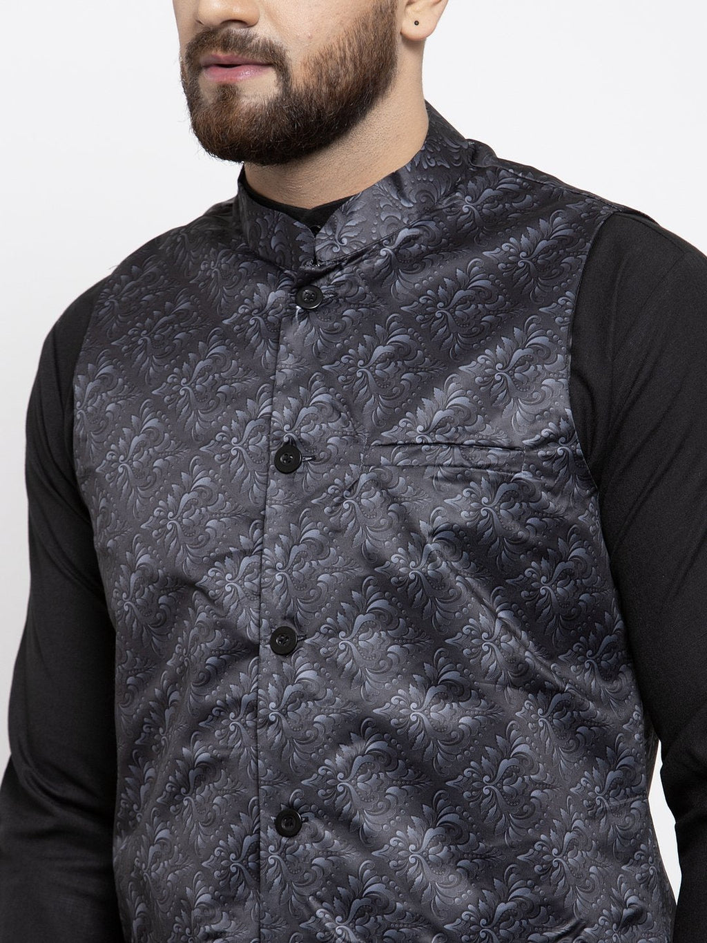 Jompers Men Charcoal Grey Printed Satin Nehru Jacket | Grocsy