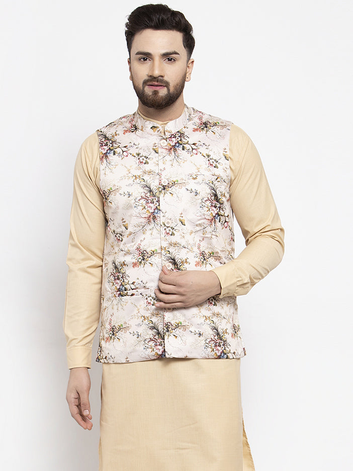 Jompers Men's Cream Printed Nehru Jacket | Grocsy