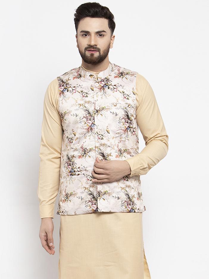 Jompers Men Cream Printed Satin Nehru Jacket | Grocsy