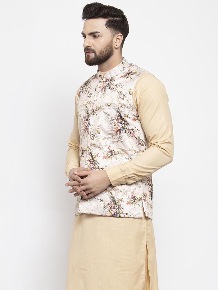 Jompers Men Cream Printed Satin Nehru Jacket | Grocsy
