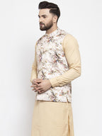 Jompers Men Cream Printed Satin Nehru Jacket | Grocsy