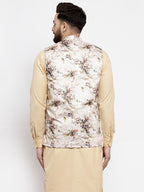 Jompers Men Cream Printed Satin Nehru Jacket | Grocsy