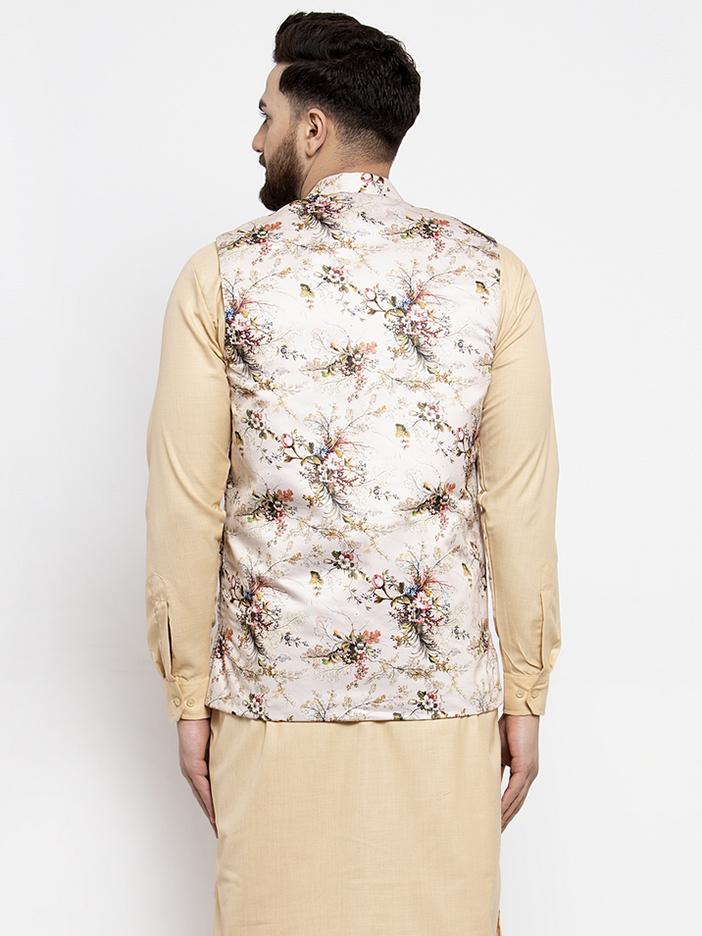 Jompers Men Cream Printed Satin Nehru Jacket | Grocsy