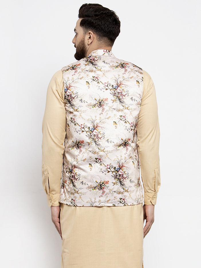 Jompers Men's Cream Printed Nehru Jacket | Grocsy