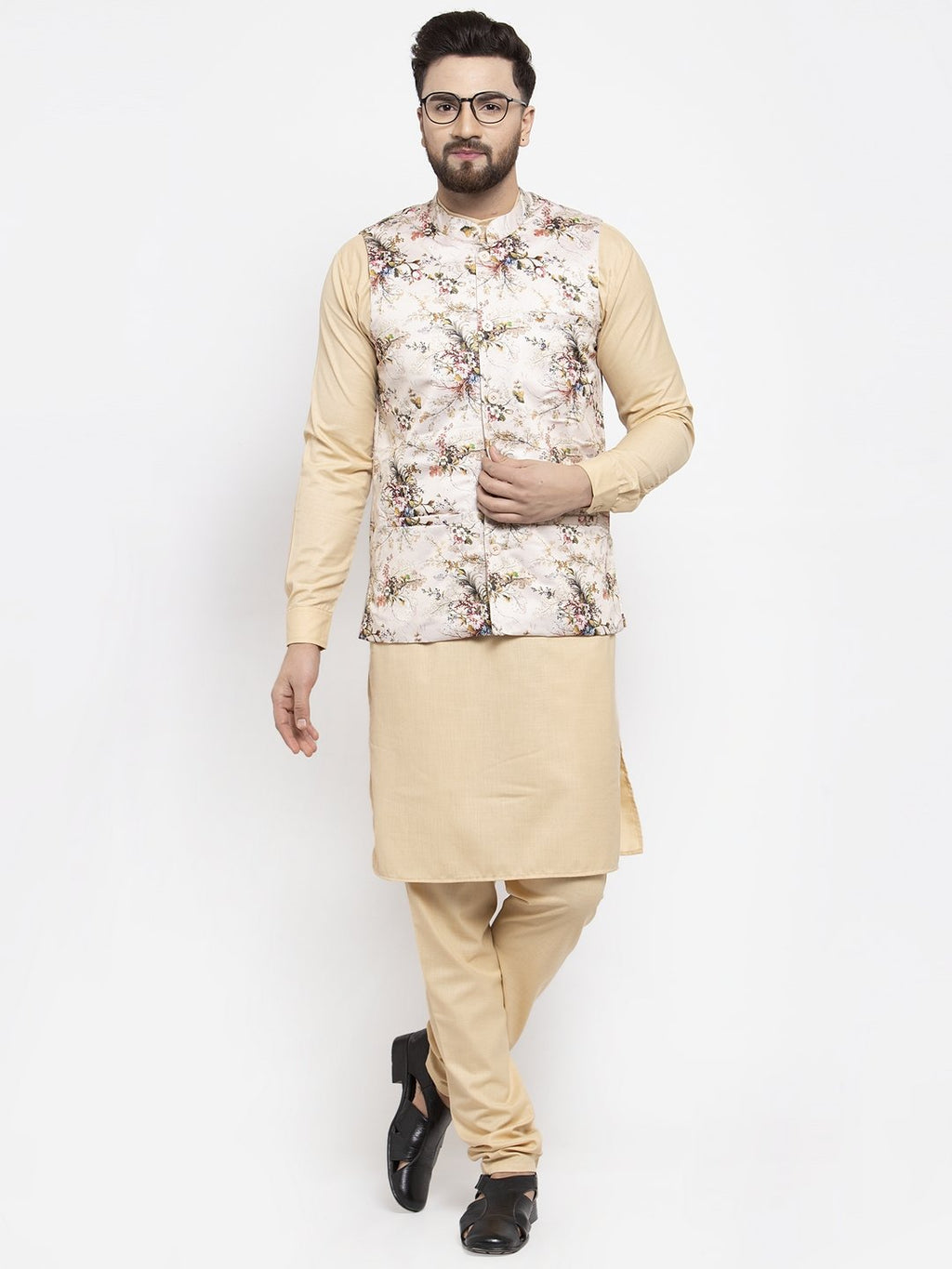 Jompers Men Cream Printed Satin Nehru Jacket | Grocsy