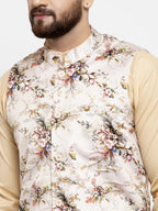 Jompers Men's Cream Printed Nehru Jacket | Grocsy