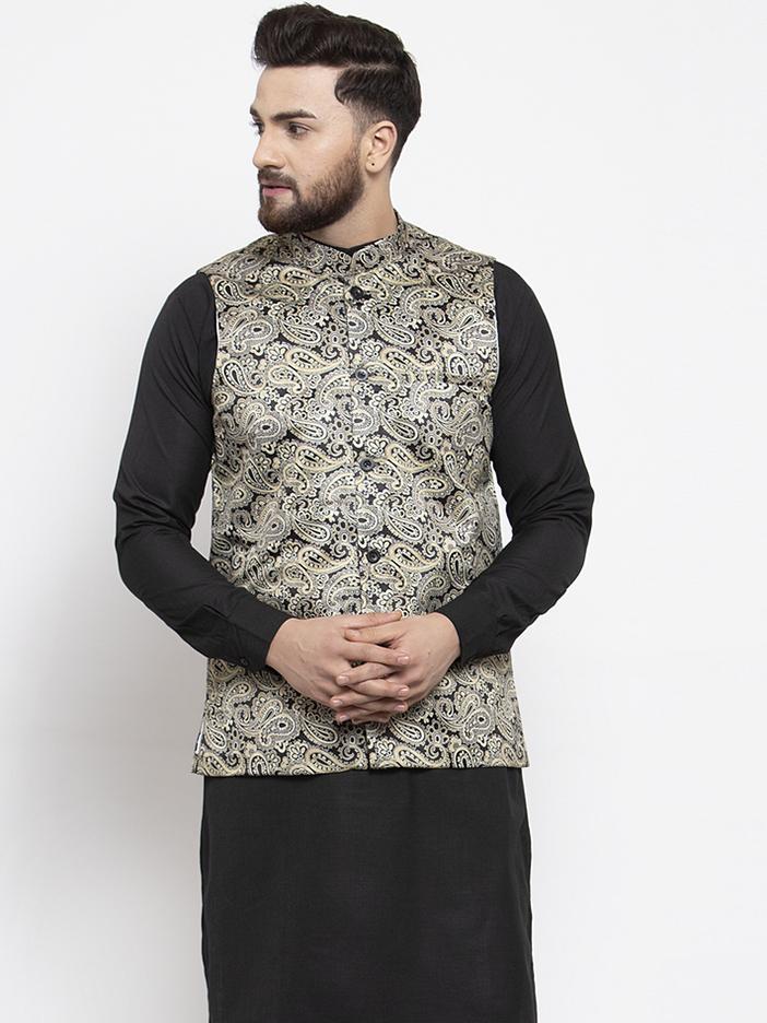 Jompers Men Golden Printed Satin Nehru Jacket | Grocsy