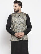 Jompers Men Golden Printed Satin Nehru Jacket | Grocsy