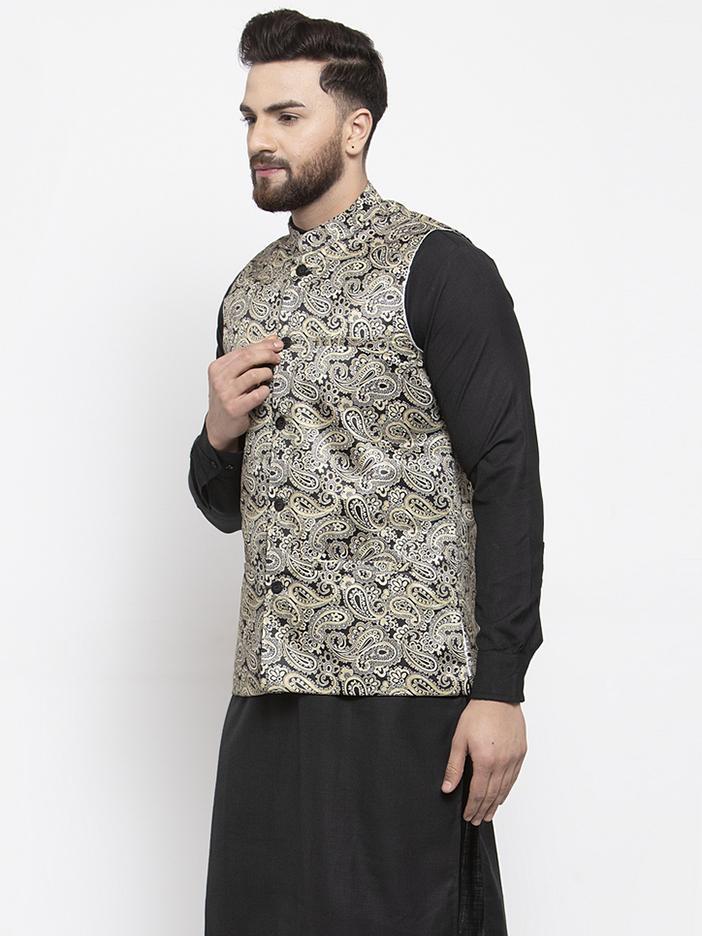 Jompers Men Golden Printed Satin Nehru Jacket | Grocsy