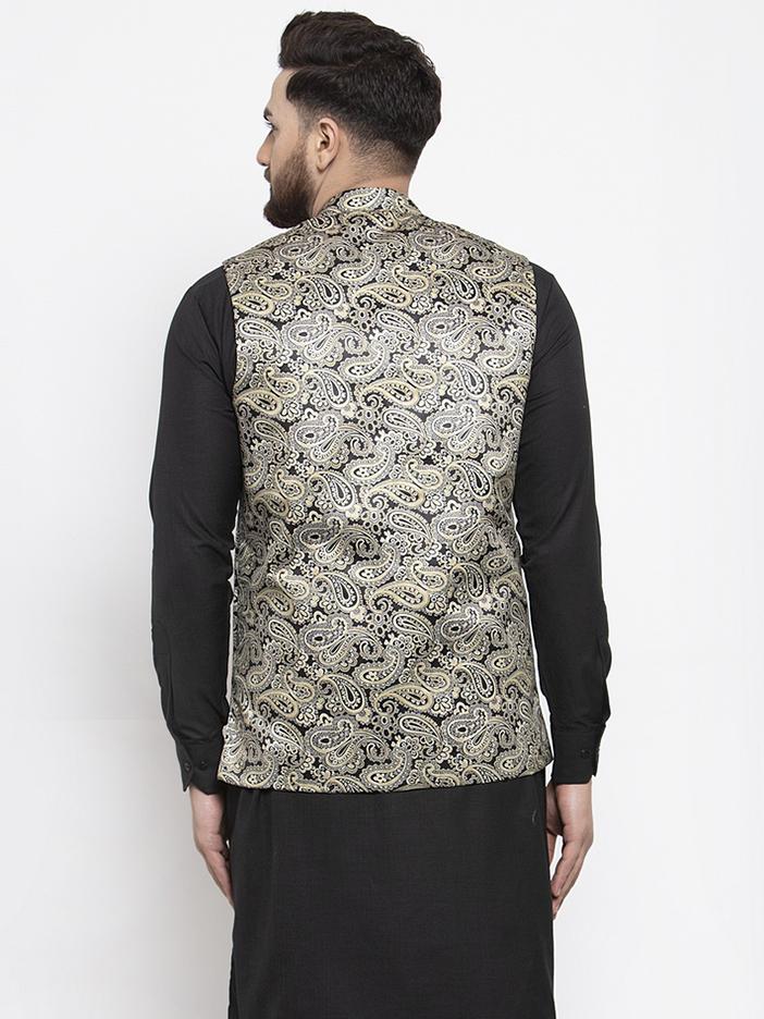 Jompers Men Golden Printed Satin Nehru Jacket | Grocsy