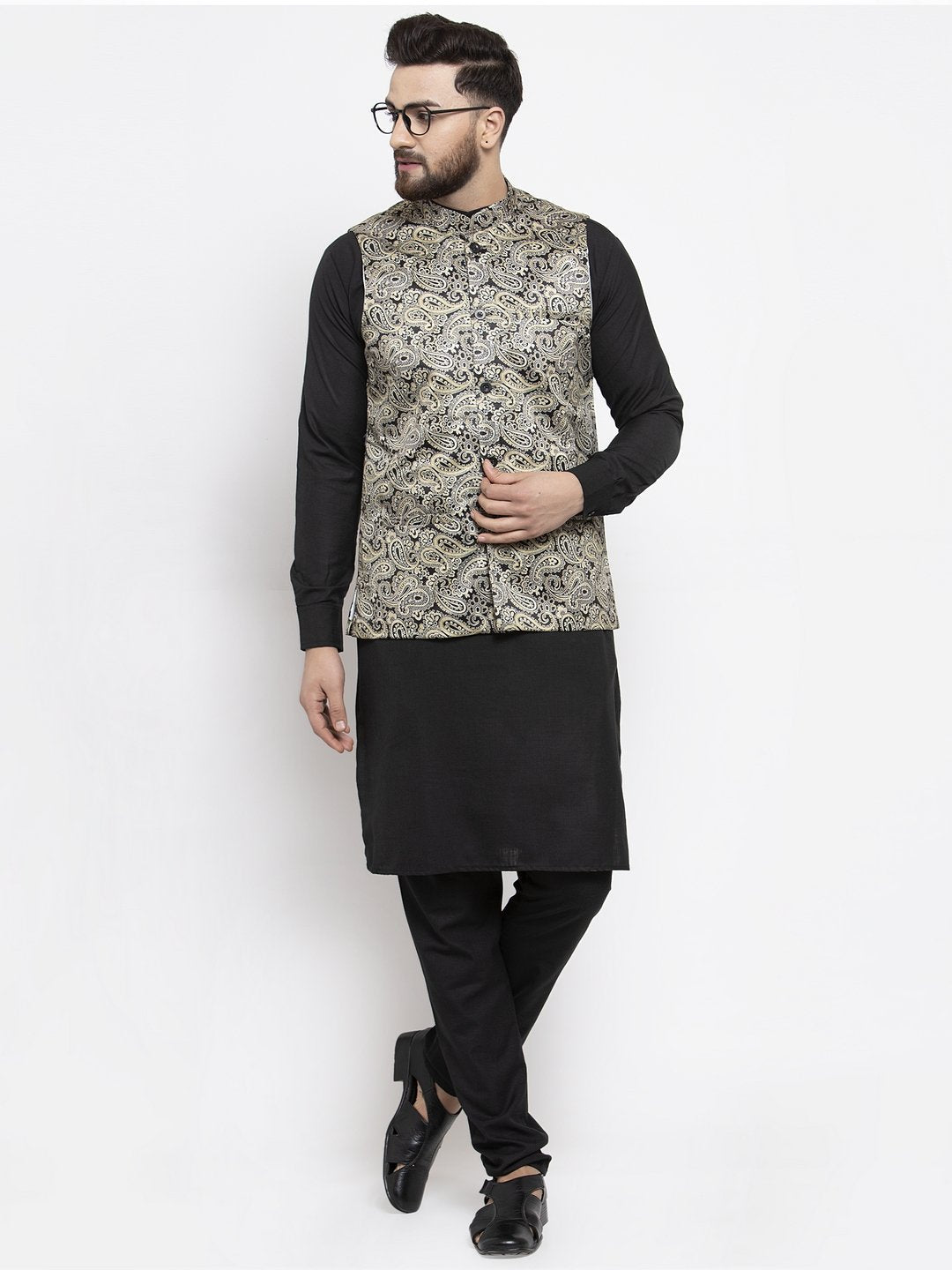 Jompers Men Golden Printed Satin Nehru Jacket | Grocsy