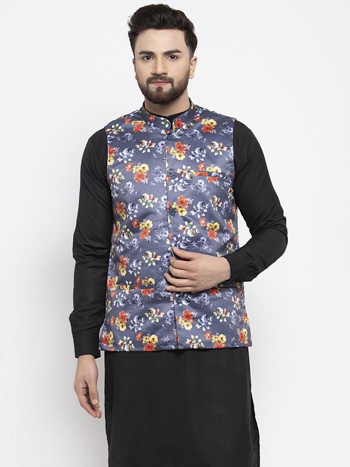 Jompers Men Grey Printed Satin Nehru Jacket | Grocsy