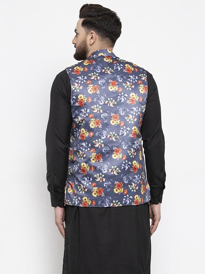 Jompers Men Grey Printed Satin Nehru Jacket | Grocsy