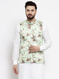 Jompers Men Lime-Green Printed Satin Nehru Jacket | Grocsy
