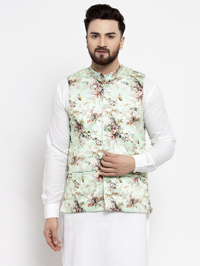 Jompers Men Lime-Green Printed Satin Nehru Jacket | Grocsy