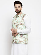 Jompers Men Lime-Green Printed Satin Nehru Jacket | Grocsy