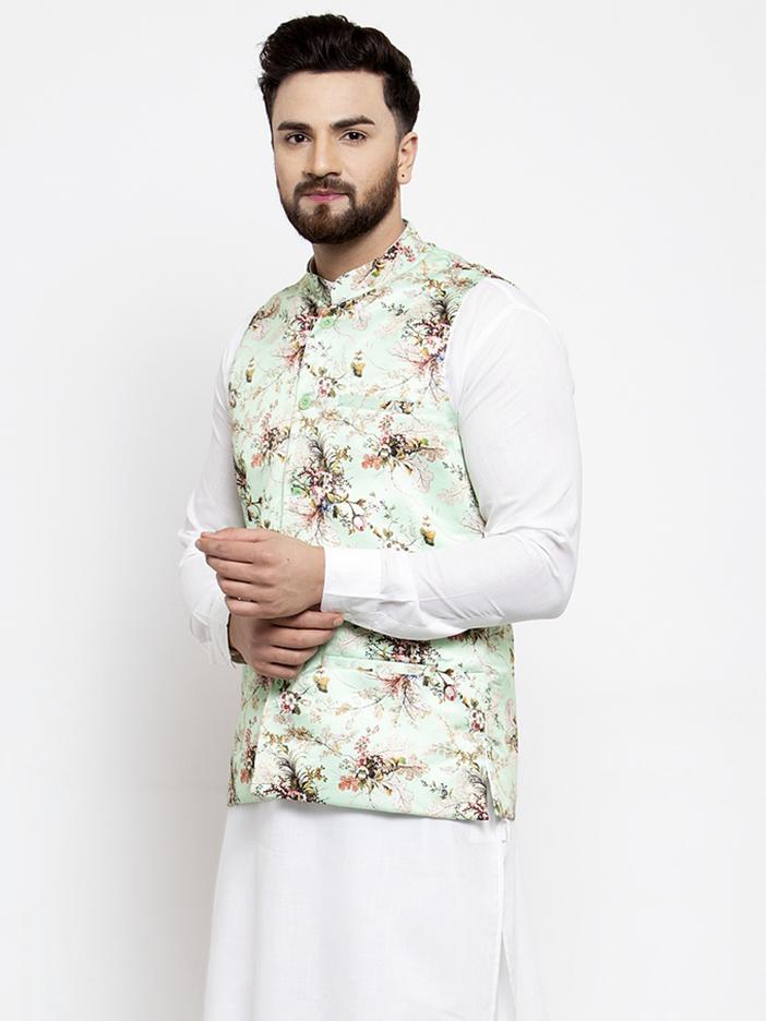 Jompers Men Lime-Green Printed Satin Nehru Jacket | Grocsy