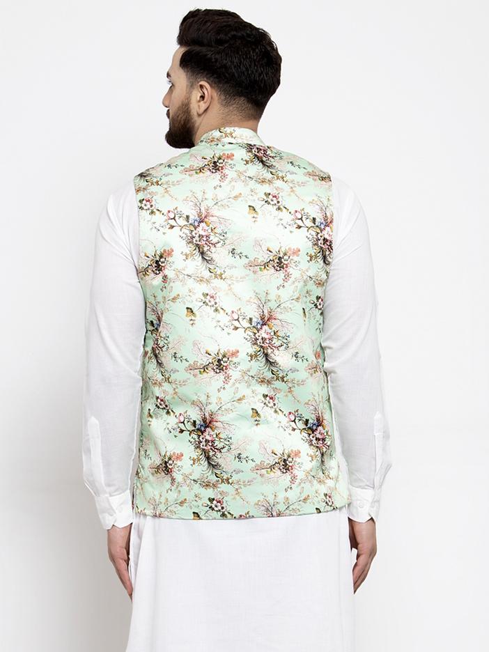 Jompers Men Lime-Green Printed Satin Nehru Jacket | Grocsy