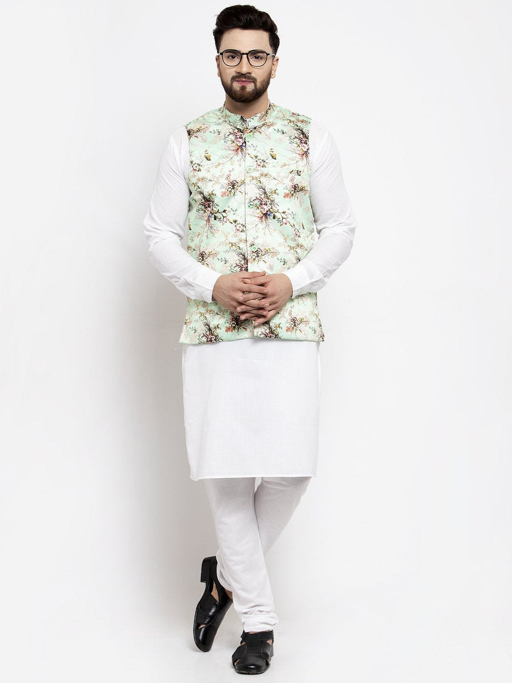 Jompers Men Lime-Green Printed Satin Nehru Jacket | Grocsy