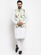 Jompers Men Lime-Green Printed Satin Nehru Jacket | Grocsy