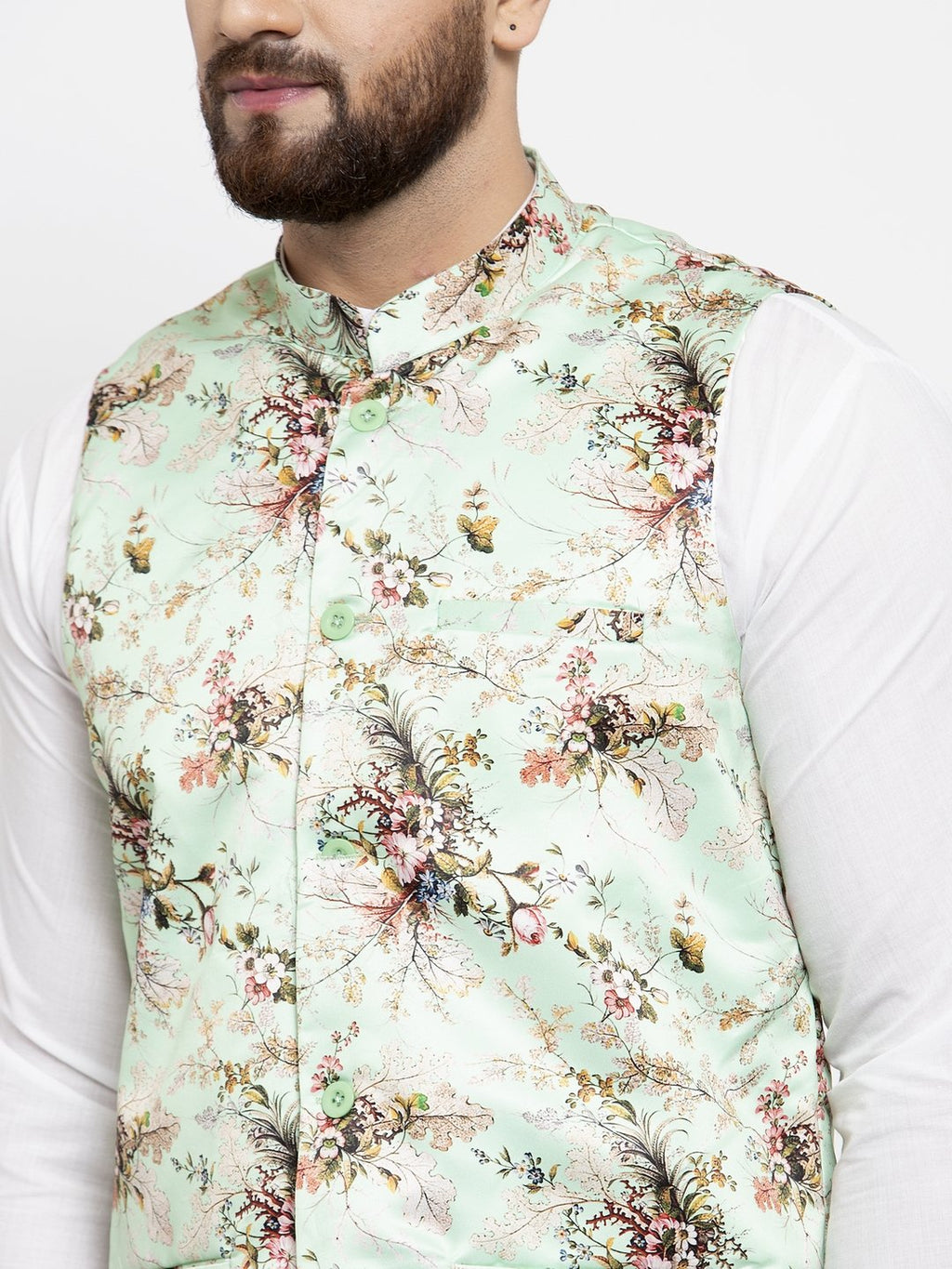 Jompers Men Lime-Green Printed Satin Nehru Jacket | Grocsy