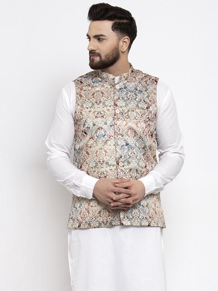 Jompers Men Multicolored Printed Satin Nehru Jacket | Grocsy