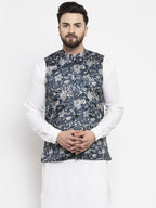 Jompers Men Navy-Blue Printed Satin Nehru Jacket | Grocsy