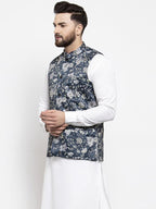 Jompers Men Navy-Blue Printed Satin Nehru Jacket | Grocsy