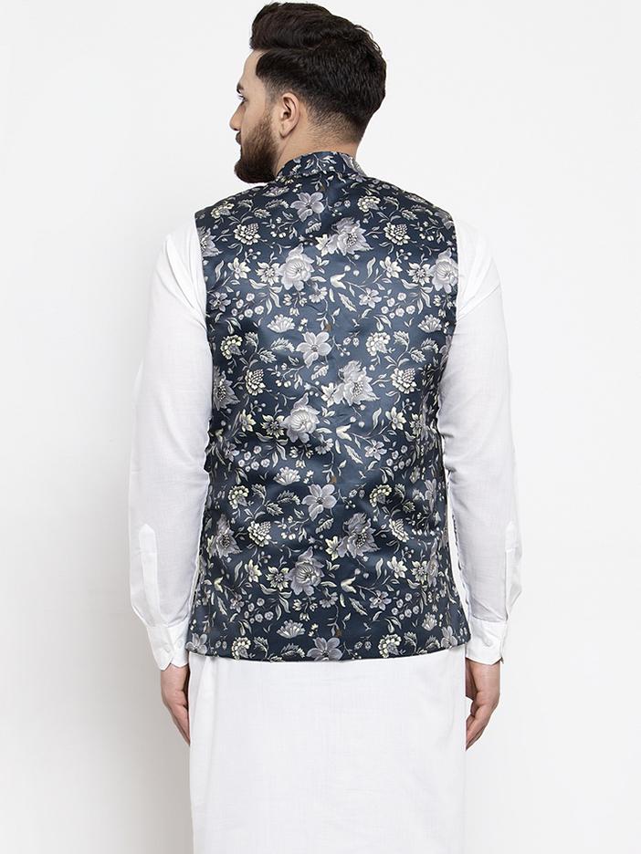 Jompers Men Navy-Blue Printed Satin Nehru Jacket | Grocsy
