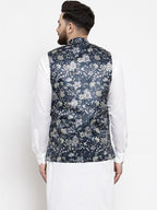 Jompers Men Navy-Blue Printed Satin Nehru Jacket | Grocsy