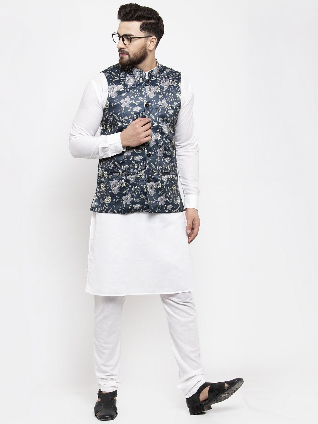 Jompers Men Navy-Blue Printed Satin Nehru Jacket | Grocsy