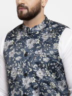 Jompers Men Navy-Blue Printed Satin Nehru Jacket | Grocsy