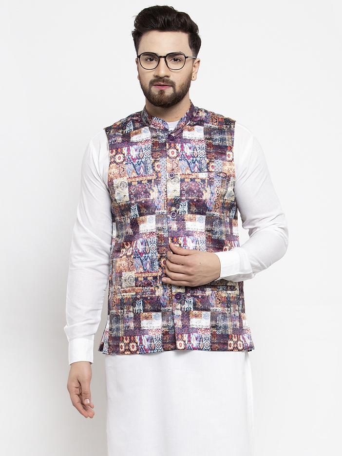 Jompers Men Purple Printed Satin Nehru Jacket ( JOWC 4007 Purple) | Grocsy