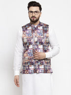 Jompers Men Purple Printed Satin Nehru Jacket ( JOWC 4007 Purple) | Grocsy