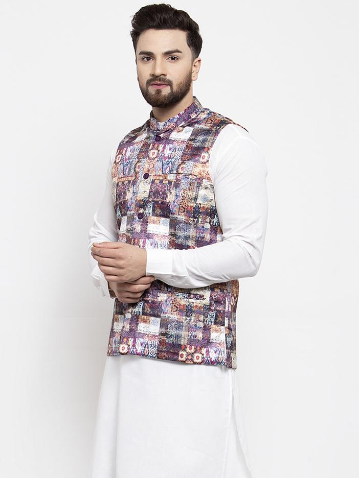 Jompers Men Purple Printed Satin Nehru Jacket ( JOWC 4007 Purple) | Grocsy