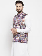 Jompers Men Purple Printed Satin Nehru Jacket ( JOWC 4007 Purple) | Grocsy