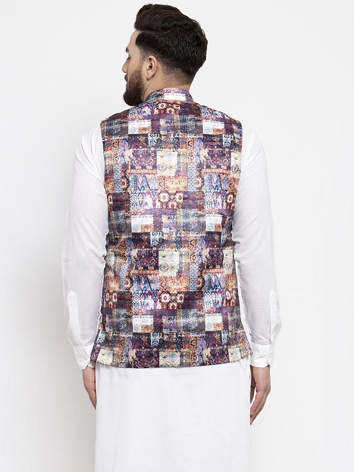 Jompers Men Purple Printed Satin Nehru Jacket ( JOWC 4007 Purple) | Grocsy