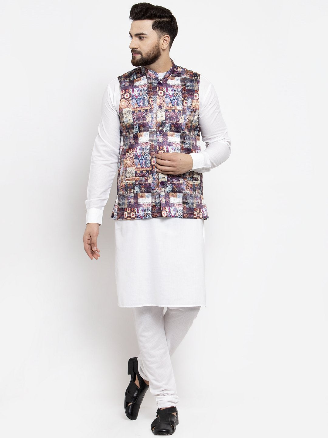 Jompers Men Purple Printed Satin Nehru Jacket ( JOWC 4007 Purple) | Grocsy