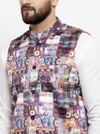 Jompers Men Purple Printed Satin Nehru Jacket ( JOWC 4007 Purple) | Grocsy
