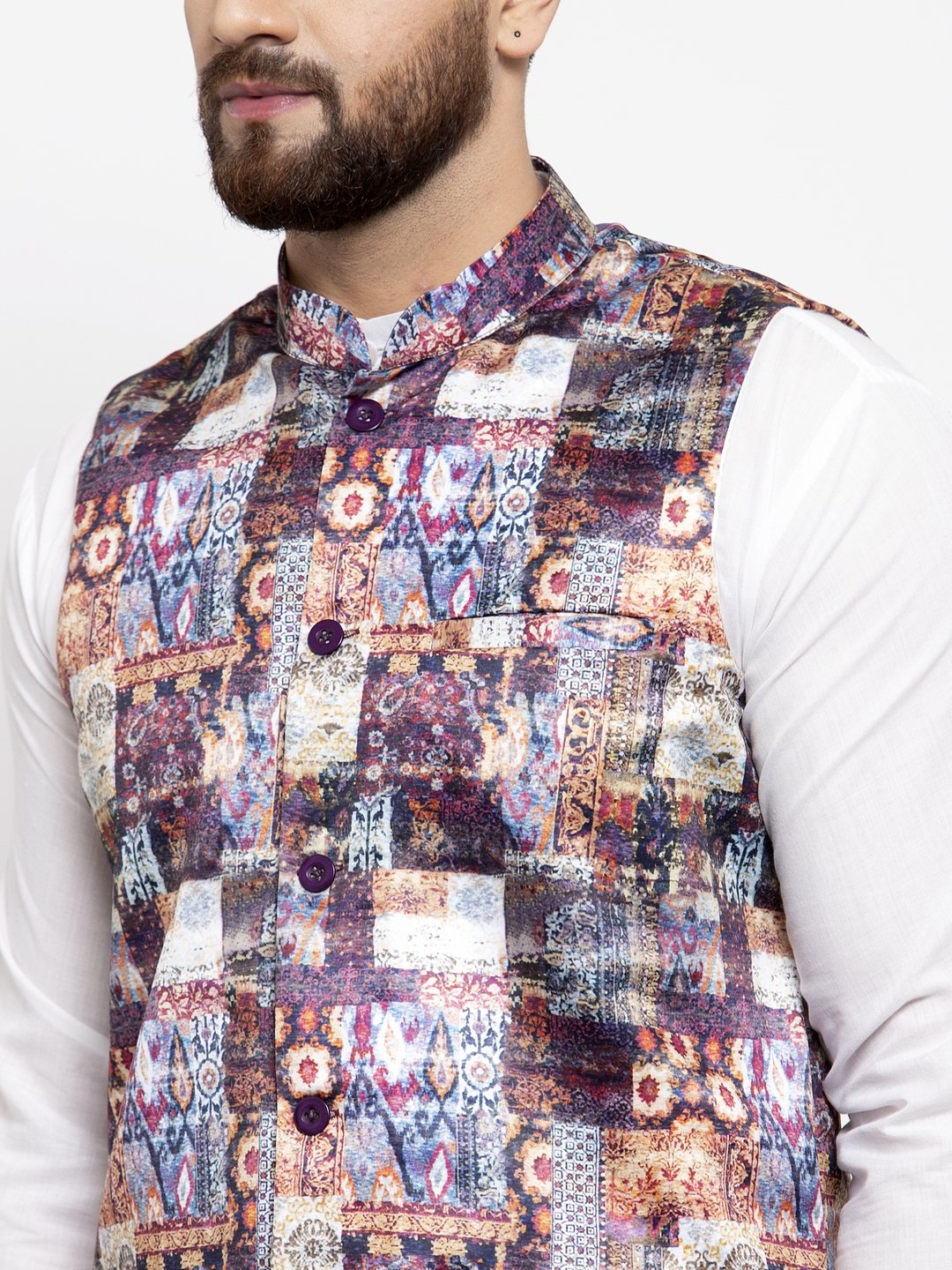 Jompers Men Purple Printed Satin Nehru Jacket ( JOWC 4007 Purple) | Grocsy