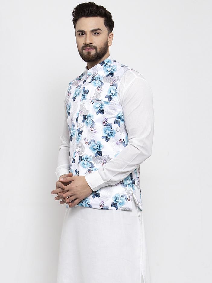 Jompers Men Silver Printed Satin Nehru Jacket | Grocsy