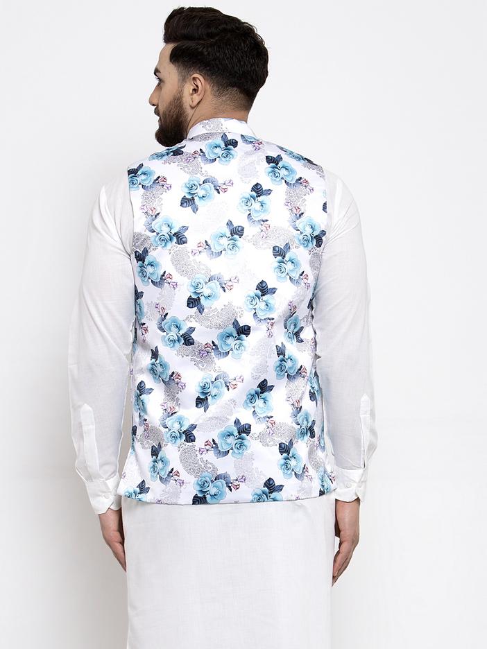 Jompers Men Silver Printed Satin Nehru Jacket | Grocsy